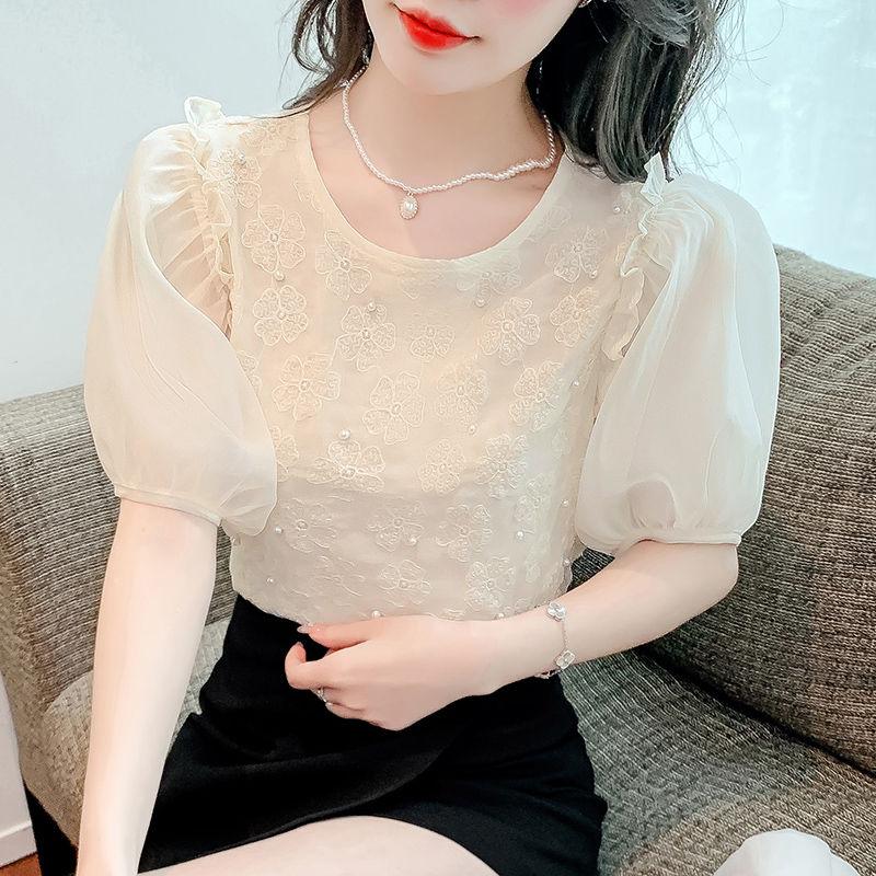 Puff Sleeve Chiffon Shirt Short Sleeve Women's Summer New Chic Beautiful French Unique Temperament Top