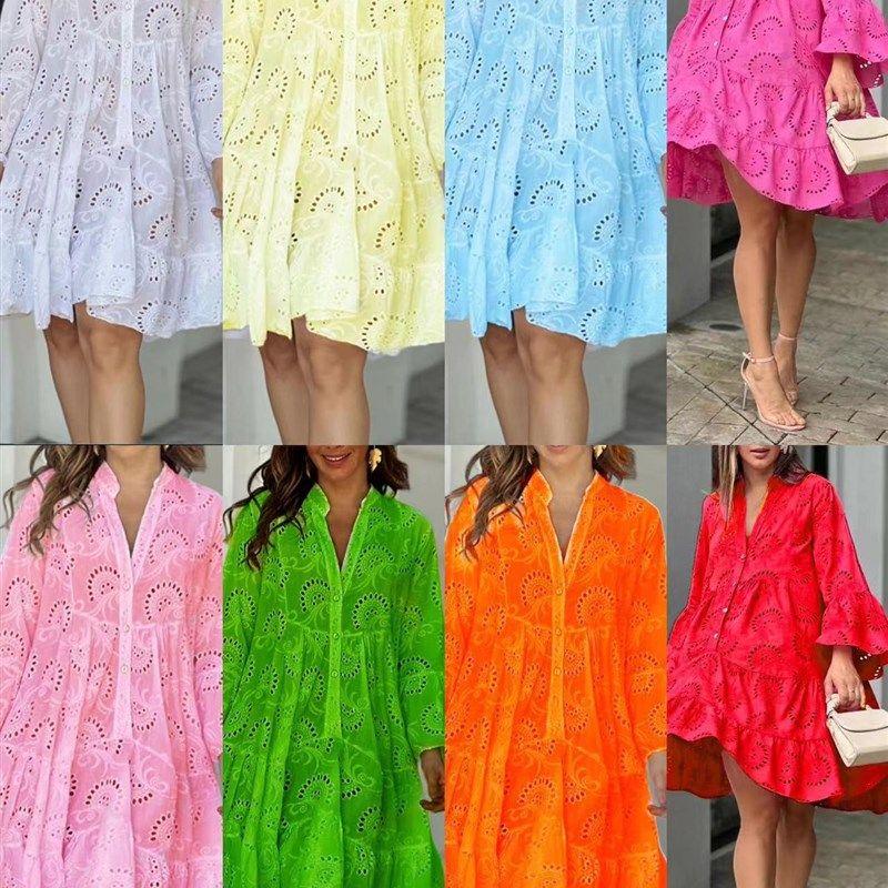 Cross Border Solid V-neck Embroidered Hollow Lace Dress