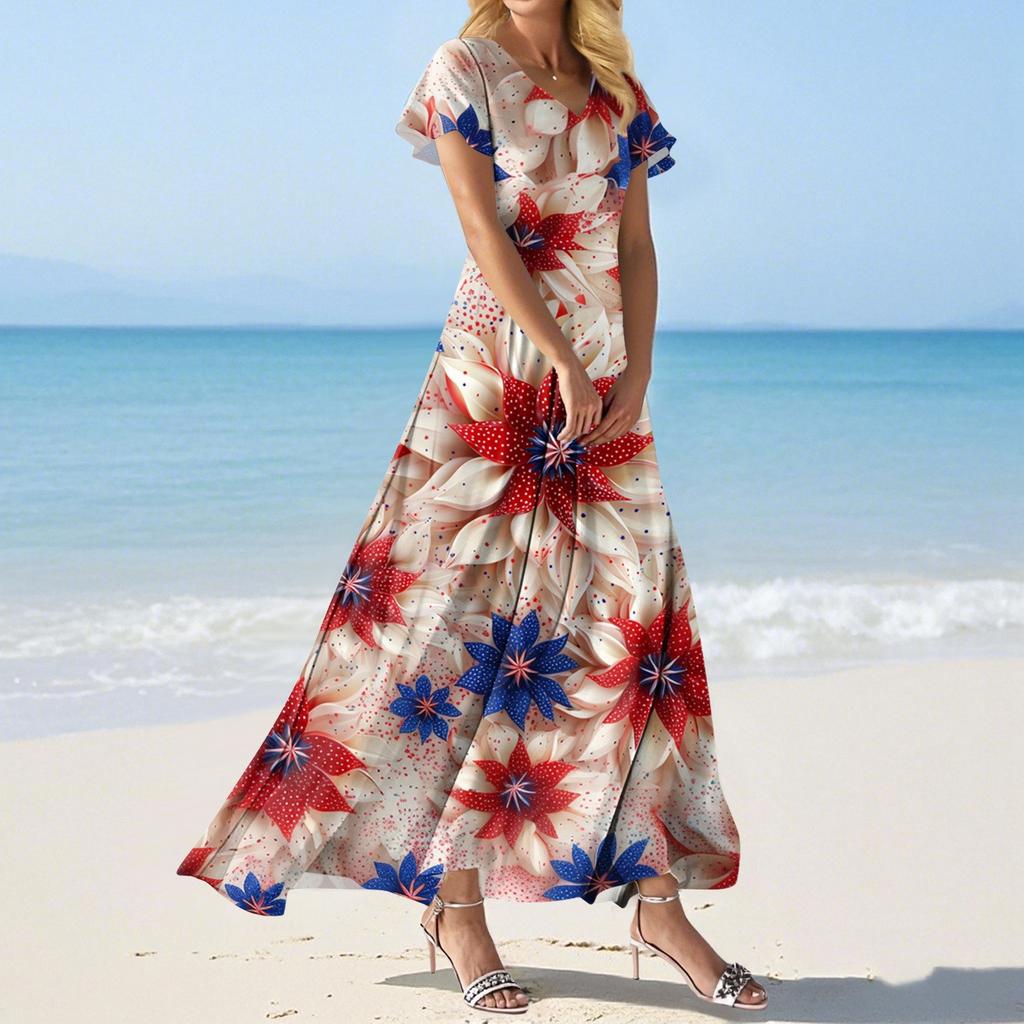 FashWomen's Loose Casual V-Neck Short Sleeved High Waisted Print Dress