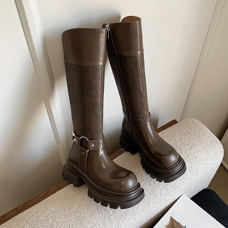 6CM British style fashion thick-soled high boots 2025 autumn and winter new round head thick heel but knee knight boots