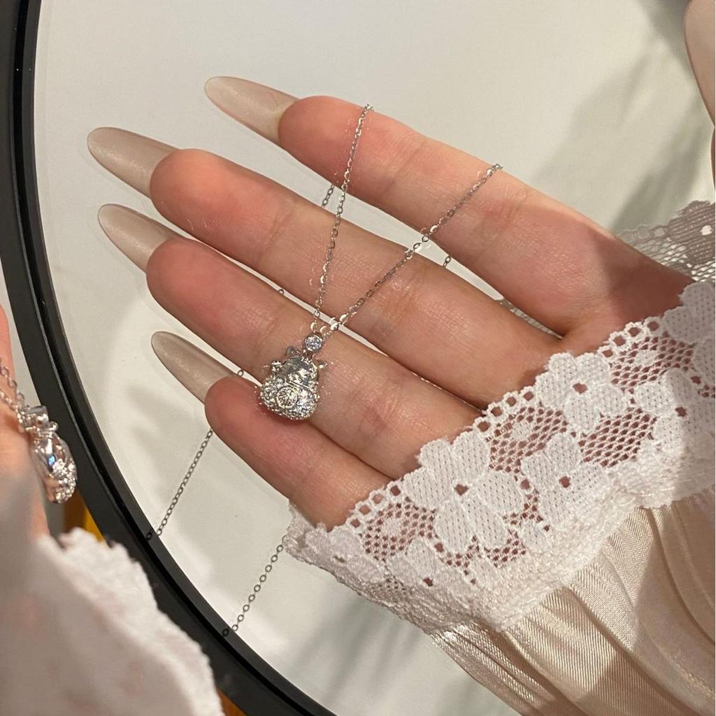 S925 Sterling Silver Lucky Cat Necklace with Diamond Fu Character - Women's Clavicle Chain & Kitten Pendant