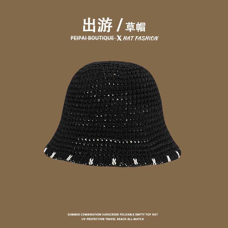 Women's Straw Hat Woven Sunshade Beach Hat Summer Hollow Breathable Bucket Hat Beach Sunshade Hat