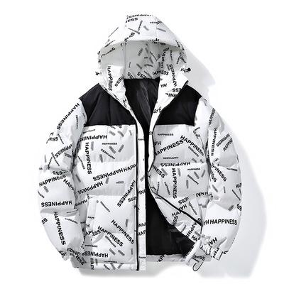 Autumn and Winter Hooded Color Blocked Men's Letter Jacket Cotton Jacket Loose and Warm Couple Cotton Jacket