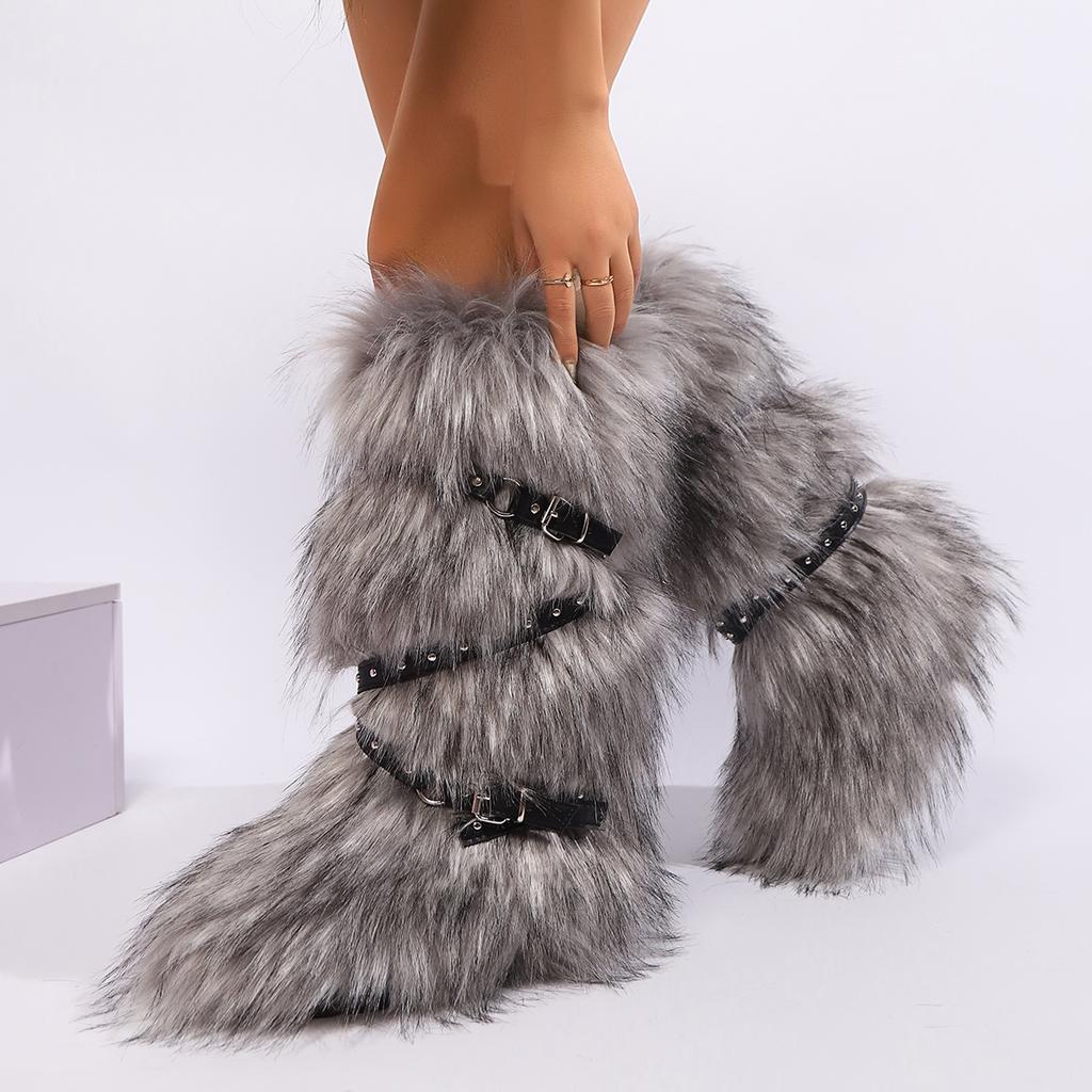 Winter Fur New Design Onepiece Raccoon FurFemale Snow Boots Fur Shoes OutdoorMid Leg Boots Y2k Cool Pink Girl