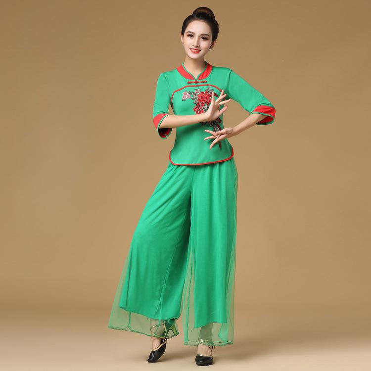 Strój do tańca w stylu etnicznym, haftowana aplikacja, bluzka, garnitur z krótkim rękawem dla osób w średnim i starszym wieku