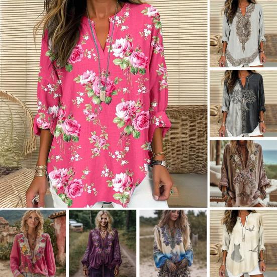 Damska Koszula Oversize z Dekoltem V Długi Rękaw Casualowa Wiosna Jesień Koszula z Wzorem Drukowanym 3D Oddychająca