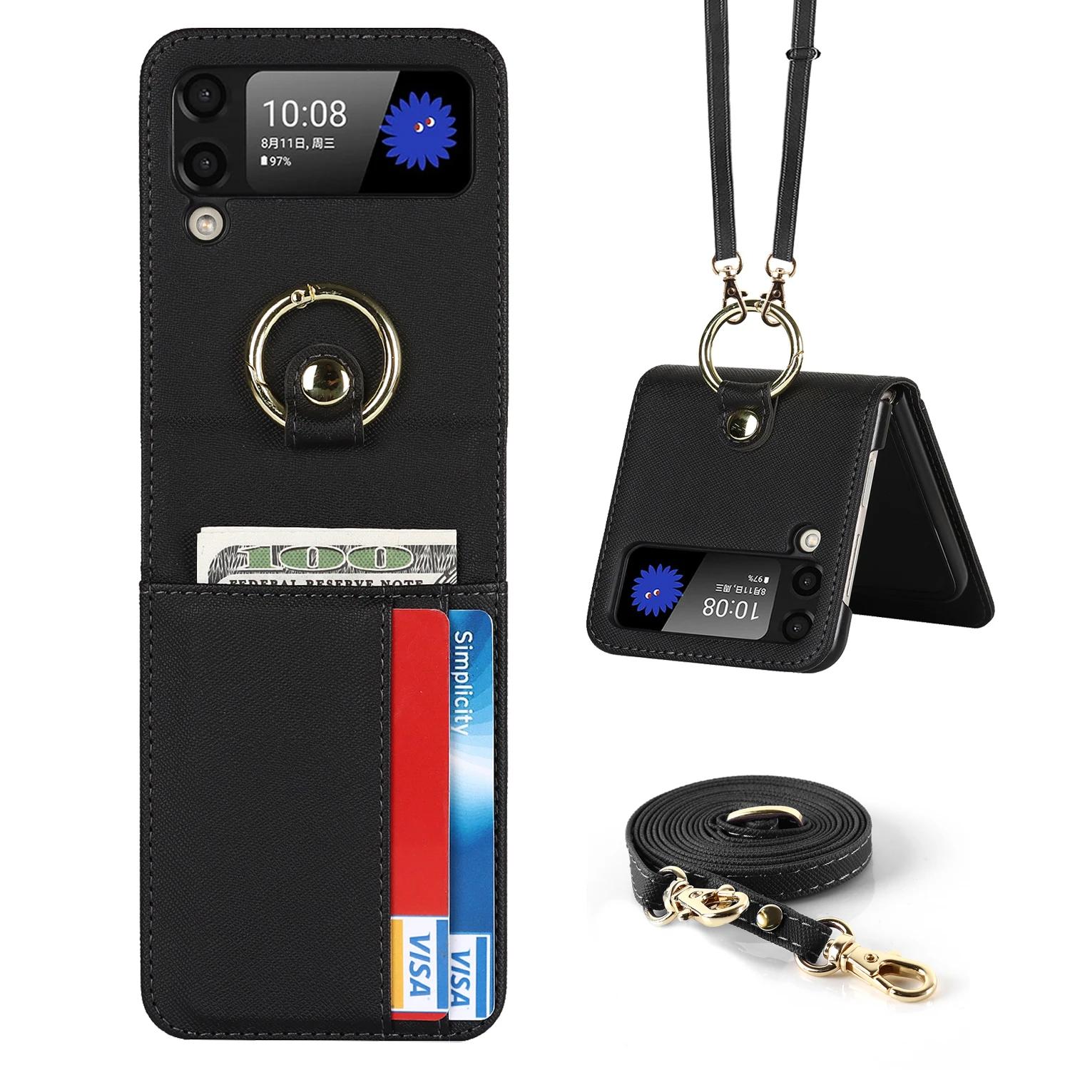 

Crossbody Cards Holder Case With Ring Lanyard Luxury PU Leather Cover For Samsung Galaxy Z Flip 4 3 5G stand Case Flip4 Fundas For Galaxy Z Flip 3 чёрный