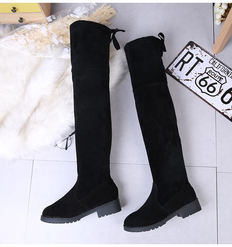 2025 Faux Suede Female Heels Autumn/ winter Zipper Elastic Knee-high Boots for Women Tube Lace-up Thigh Boots Black Botas