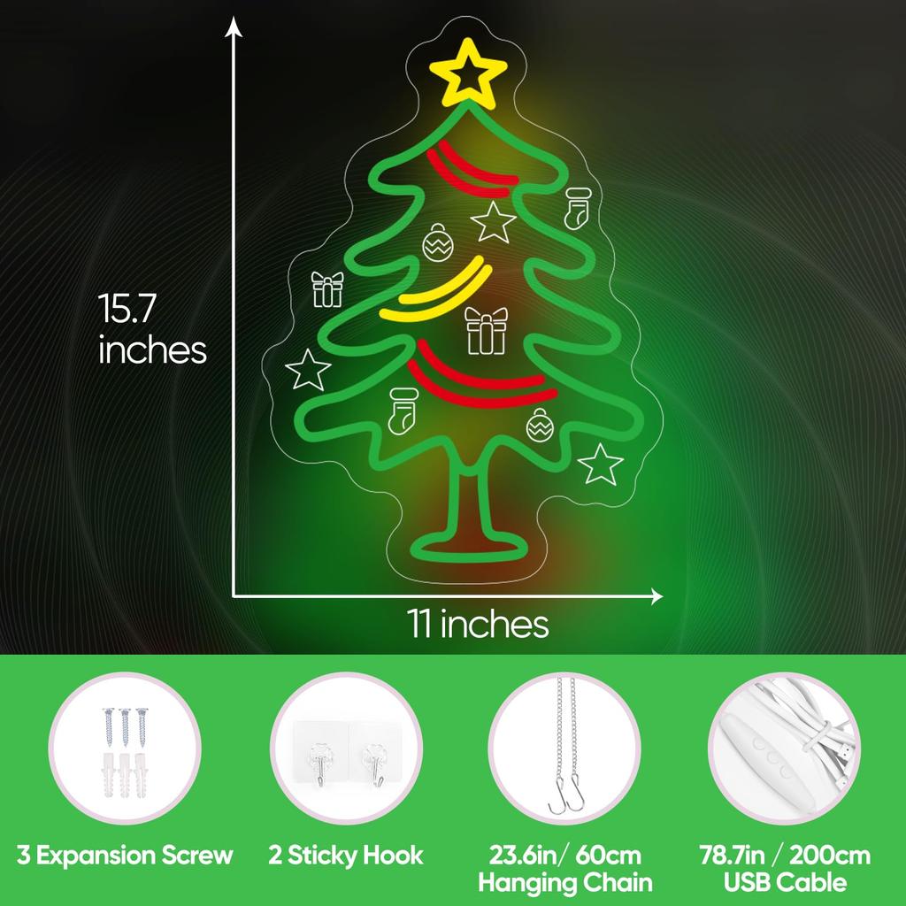 Christmas Tree Neon Dimmable LED Lights with Hanging Chain for Bedroom, Living Room, Window, Home, Party, Christmas Decoration