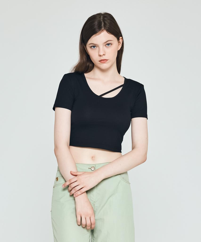 DEPASION Silket Crop Short Sleeve T-Shirt (Black)