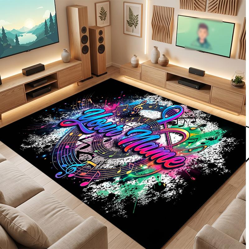 Music Theme Soft Crystal Velvet Rug Custom Name & Text Print Non Slip Floor Rug for Bedroom Living Room