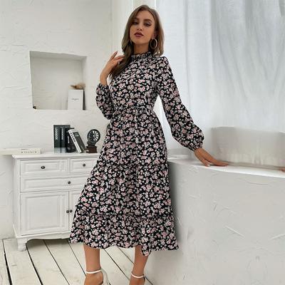 Autumn and Winter New Women's Clothing Medium and Long Semi-turtleneck Pleated Printed Dress