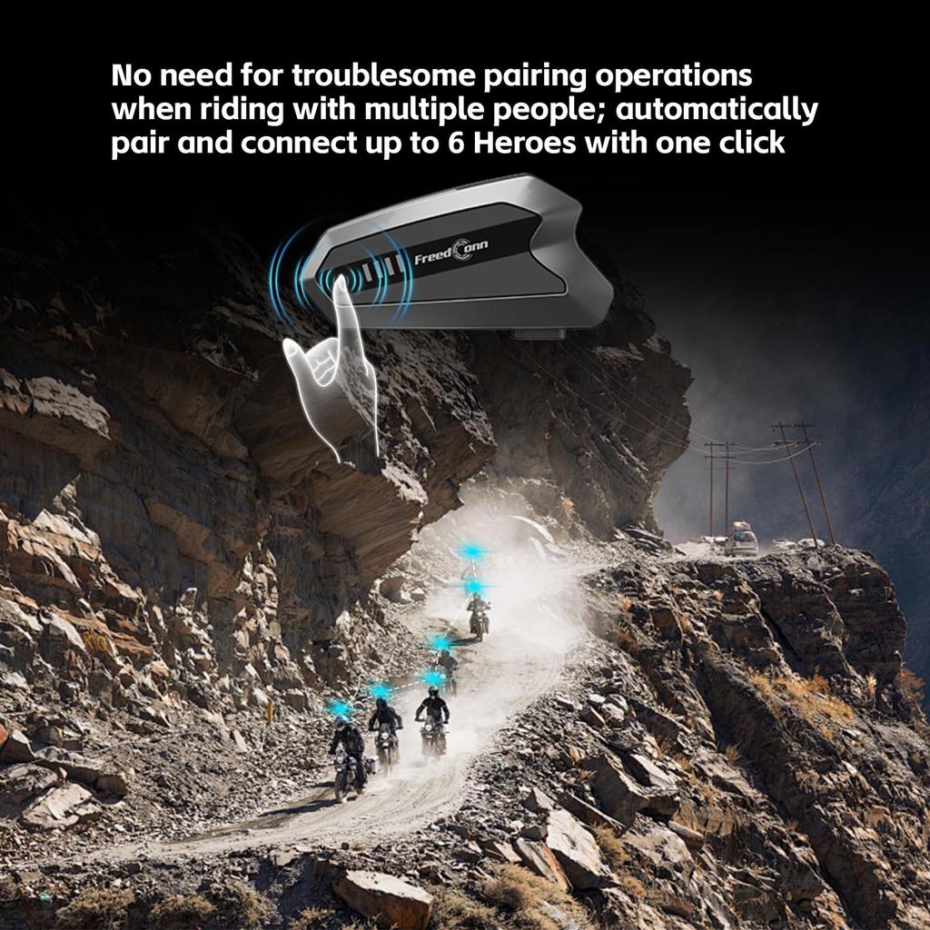 FreedConn Hero Motorcycle Intercom, 2-Unit Set (Bluetooth 5.1, 6-Way Group Intercom, 1500 m Range, Hi-Res Speakers, IP67)