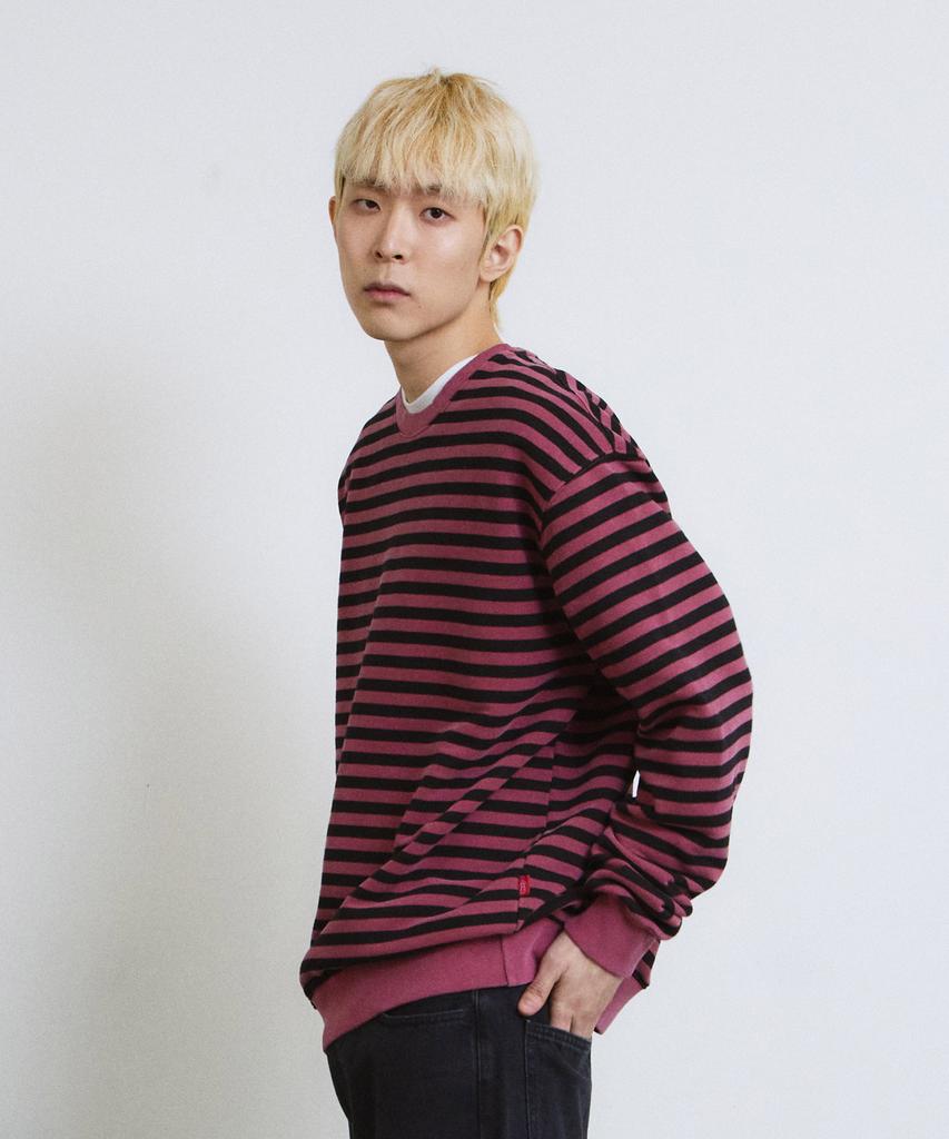 ADERNM Pigment Dyed Stripe Line Sweatshirt (Burgundy)