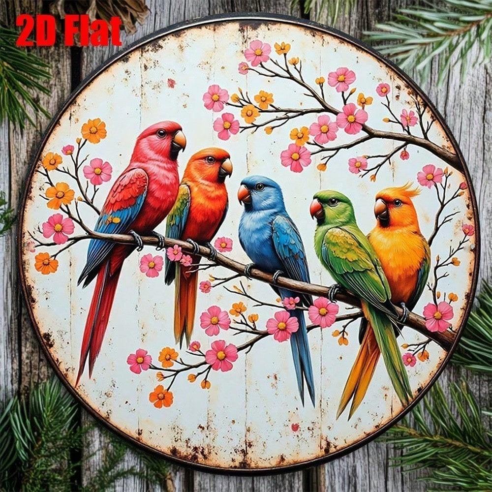 1pc Vintage Parrot Cherry Wall Decor Retro Caribbean Round Plaque 2D Flat Hanging Sign for Living Room Bedroom Cafe Home Art