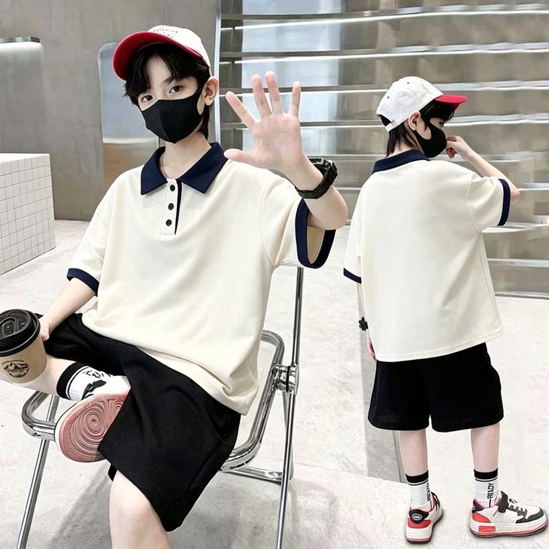 New Boys' Korean Style Color Block Cotton Polo T-shirt Set - Trendy Short Sleeve Summer Arrivals for Medium and Large Kids