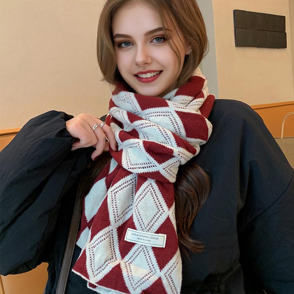 Unisex Acrylic Scarf | Red & White Diamond Pattern | Warm, Stretchy & Lightweight | Ideal for Cold Weather | Perfect for Casual Wear In Fall & Winter
