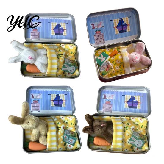 Small Animal Figurine with Tin Box Little Pocket Bunny Plush Toy in Box, Mini Stuffed Rabbit Cute Desktop Ornament for Kids Accessories, Portable