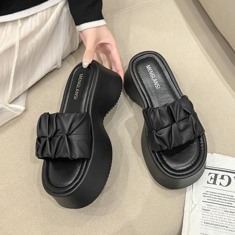 High-end Thick-soled Slippers for Women's Outer Wear 2025 Spring and Summer New Models Heightening Fashion Versatile Muffin Folds One-word Drag