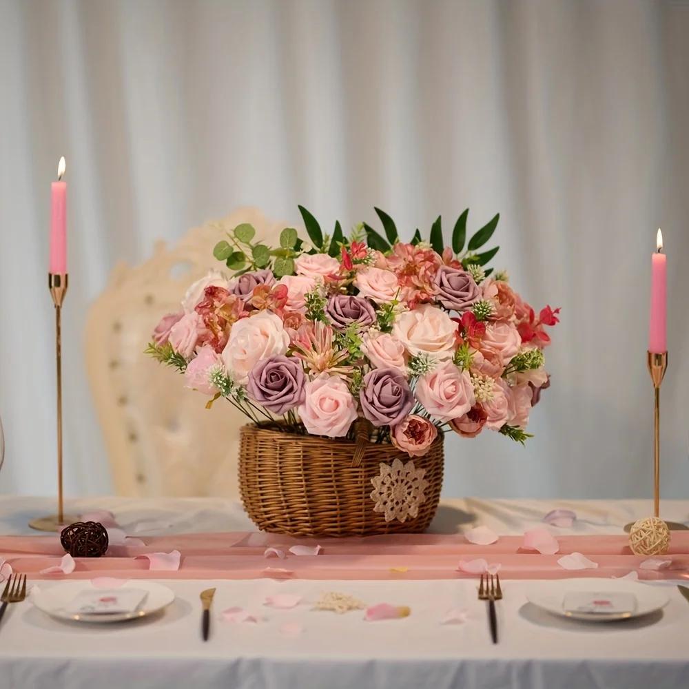 Pink rose artificial flower combination box set, bride bouquet, outdoor/indoor DIY center piece, flowers for decoration