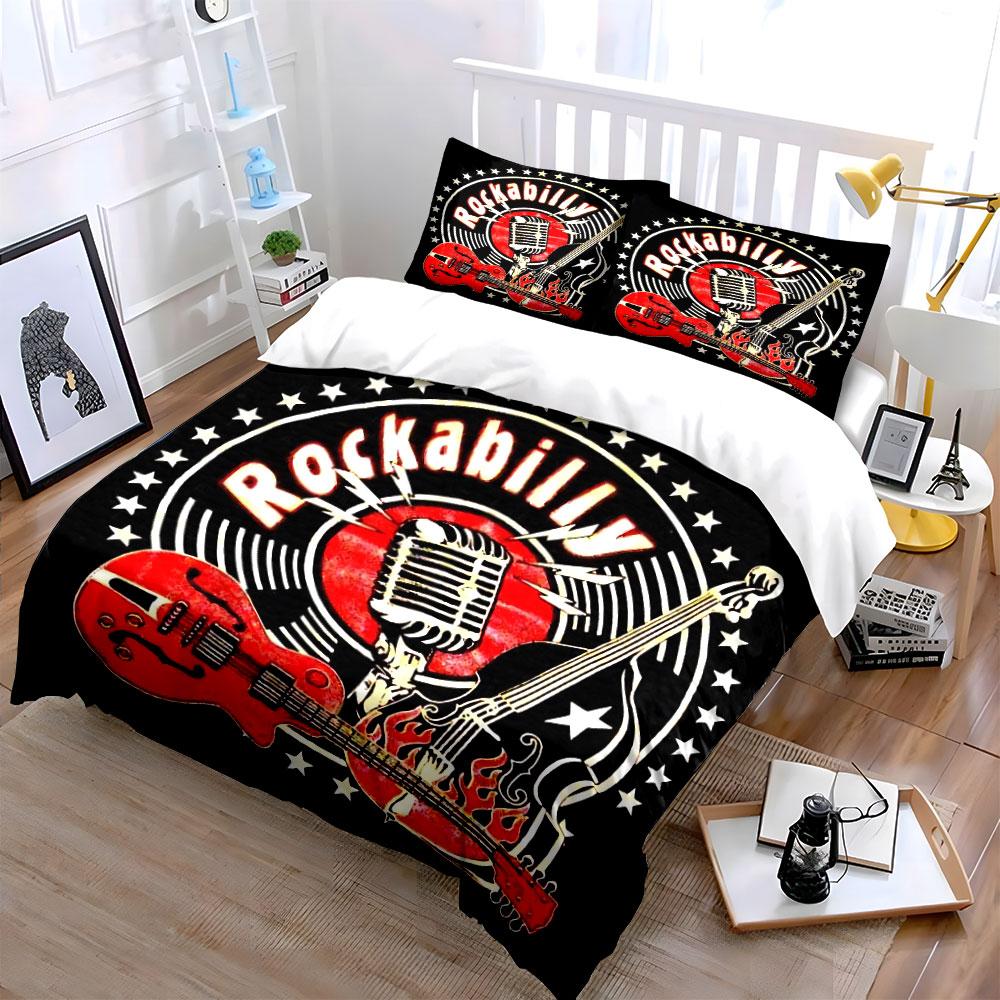 Rockabilly Music Retro Design Bedding Duvet Cover Set Duvet Cover Pillowcases (1*Duvet Cover 2*Pillowcases, without duvet insert)