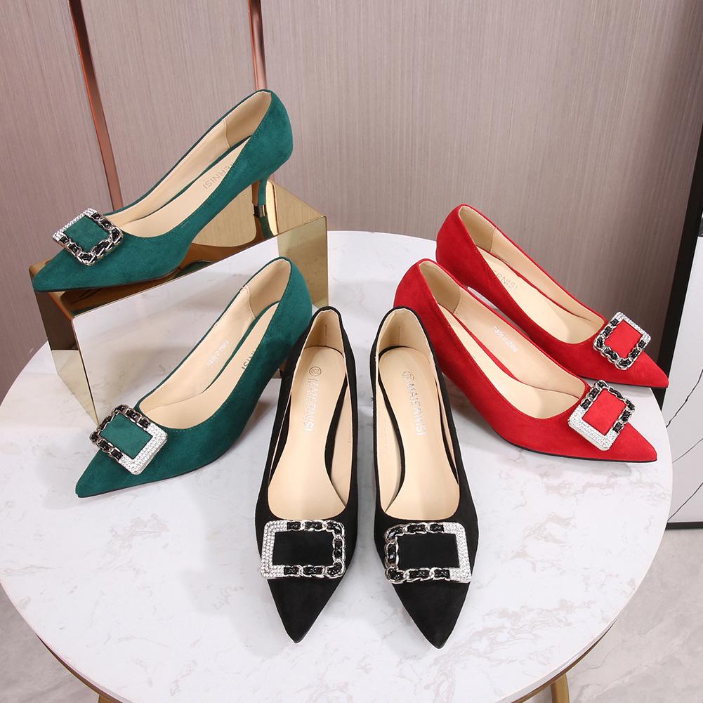 Temperament rhinestone square buckle professional single shoes pointed head light mouth stiletto black high heels female Melnis
