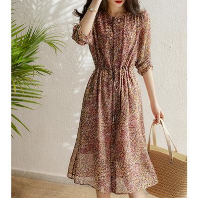 Robe en soie de mûrier douce et élégante à fleurs colorées style chemise à lacets pour femme