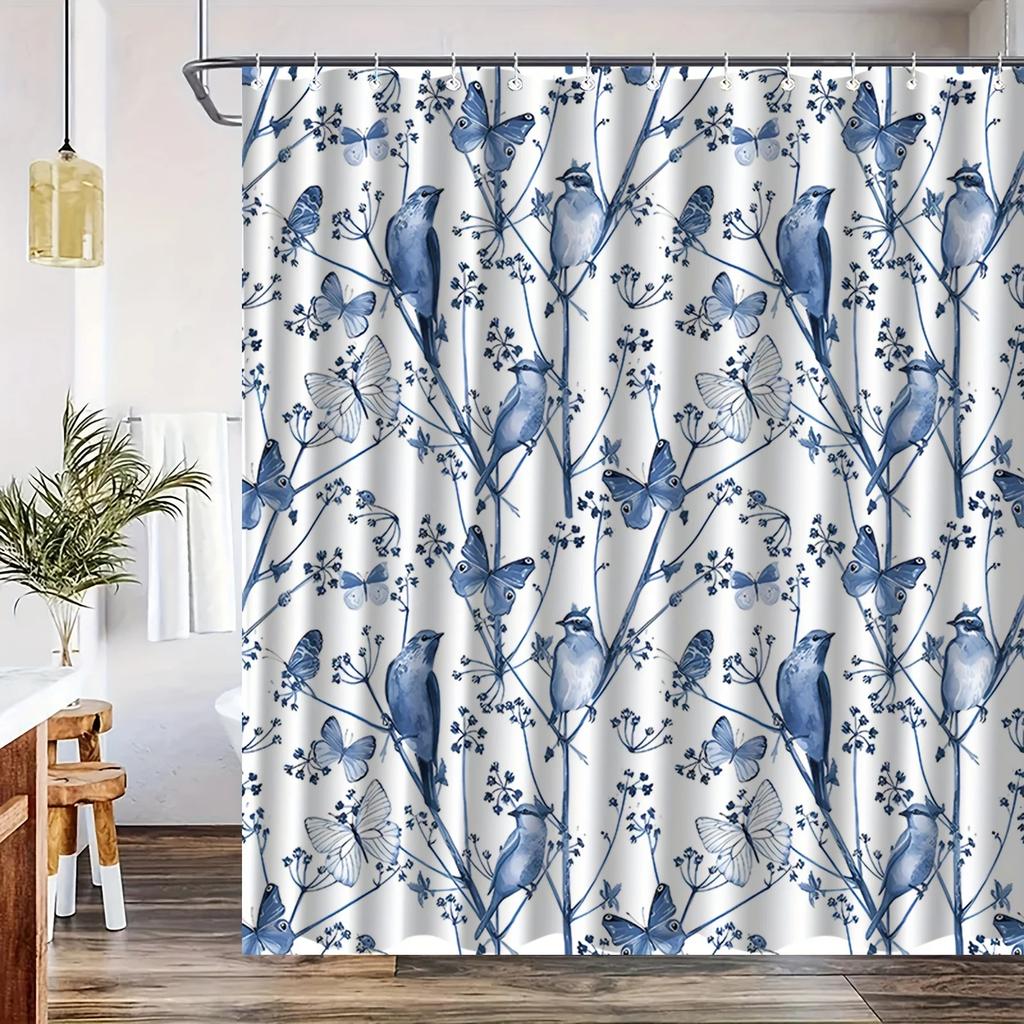 Blue Bird Print Bath Curtain - Water-Resistant, 12 Hooks, Polyester Knit, Machine Washable, Animal Pattern