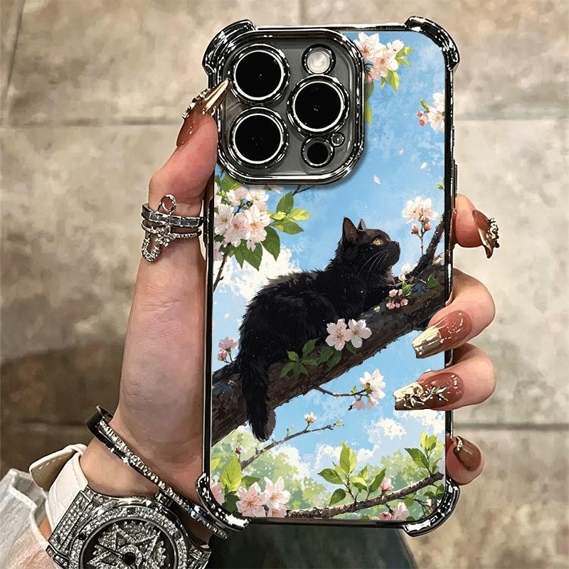 Black Cat Aesthetic Pattern Plating Phone Case For Iphone 16 17 Pro Max Air 16E 14 15 Plus 12 13 Mini Anti-Fall Airabag Cover