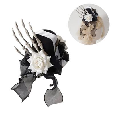 Spooky Hairpin Skeleton Claw Hair Clip Flower Elegant Ribbon Top Hat Bunches Headwear Punk Halloween