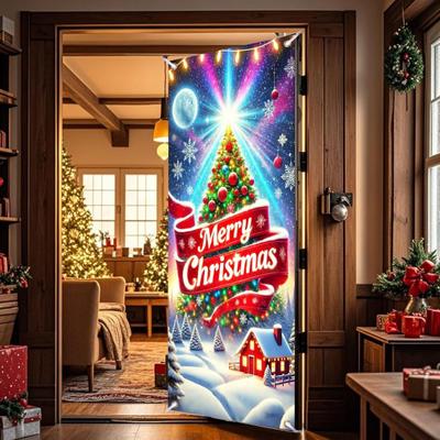 Fluorescent Christmas Door Cover 71x35 Inch Glow In The Dark Door Banner with Santa Tree Gift Box for Winter Front Door Party Wall Decor