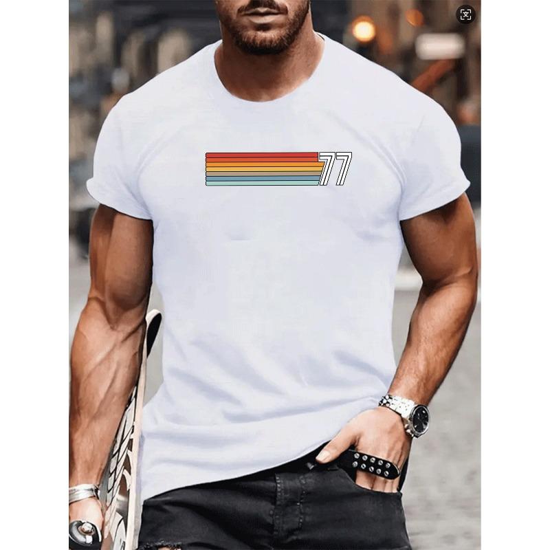 

European sizes Men S T-shirt with No. 77 Rainbow Striped Retro Style Print | Casual 4XL білий