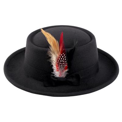 Street Shot Retro Solid Color British Top Hat Imitation Woolen Chicken Feather Jazz Hat Flat Top Gentleman's Hat Wool Hat JDL-