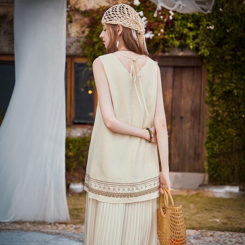Women's Ethnic Embroidered Linen Blend Sleeveless Dress