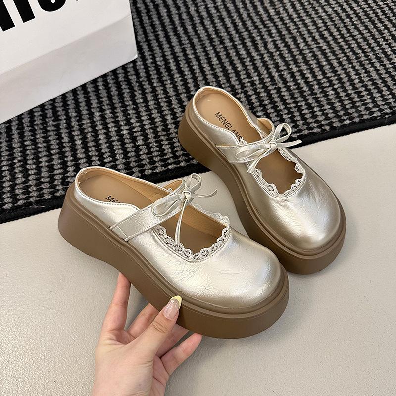 

Super beautiful French bag head half slippers women s summer wear 2025 new thick-bottomed bow lace Mary Jane cool slippers 40 шампанского