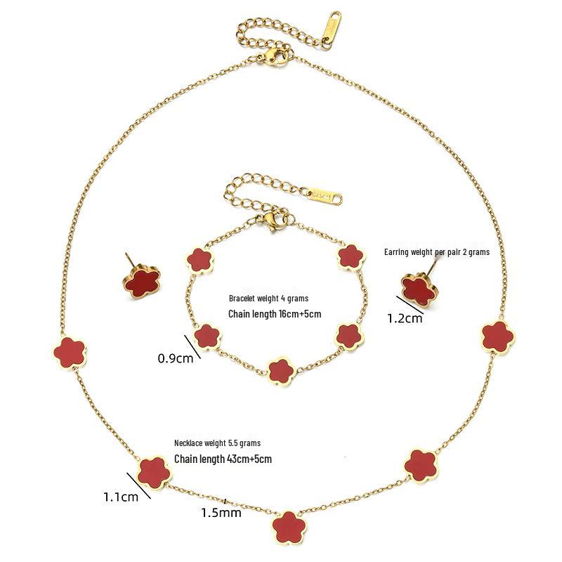 

Ювелирный набор из нержавеющей стали «Четырехлистный клевер», вдохновленный INS: Браслет, серьги-пусеты и ожерелье для женщин