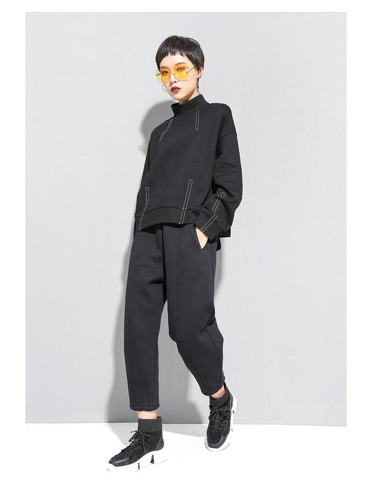 European and American Style Long-Sleeve Round Neck T-Shirt with Exposed Line Decoration for Women