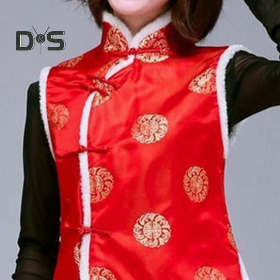 Women Winter Vest Chinese New Year Style Stand Collar Neck Protection Sleeveless Single-breasted Printed Thickened Festive Warm Spring Festival