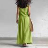Women's Fashion Color Sleeveless Cotton Linen V-neck Sleeveless Top, Casual Pocket Skirt Two-piece Set