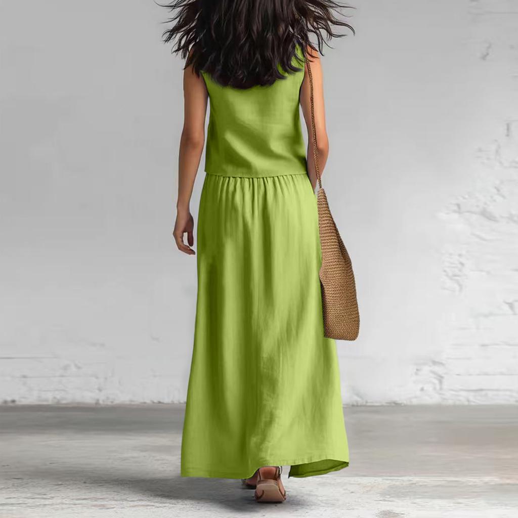 Women's Fashion Color Sleeveless Cotton Linen V-neck Sleeveless Top, Casual Pocket Skirt Two-piece Set