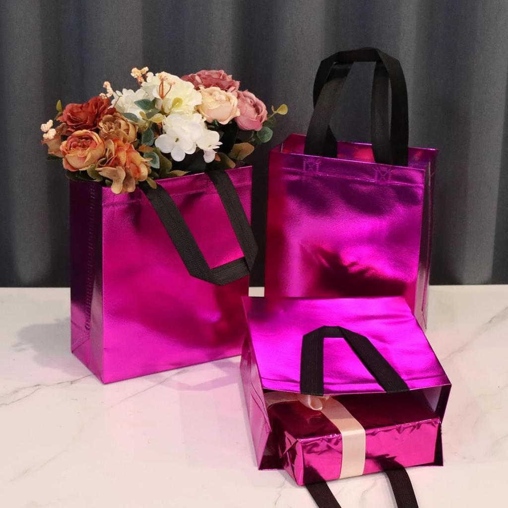 20pcs Glossy Rose Red Small Gift Bags, Reusable Goodie Bags Bulk with Handle, Non-woven Gift Bags for Birthday, Wedding, Christmas, Holiday