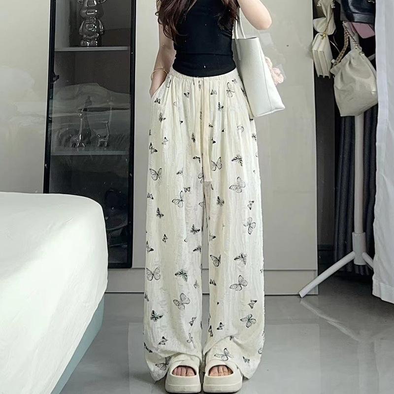 ! Autumn Butterfly Wide Leg Pants Women's High Waist Loose Lazy Flash Ripped Casual Straight Pants