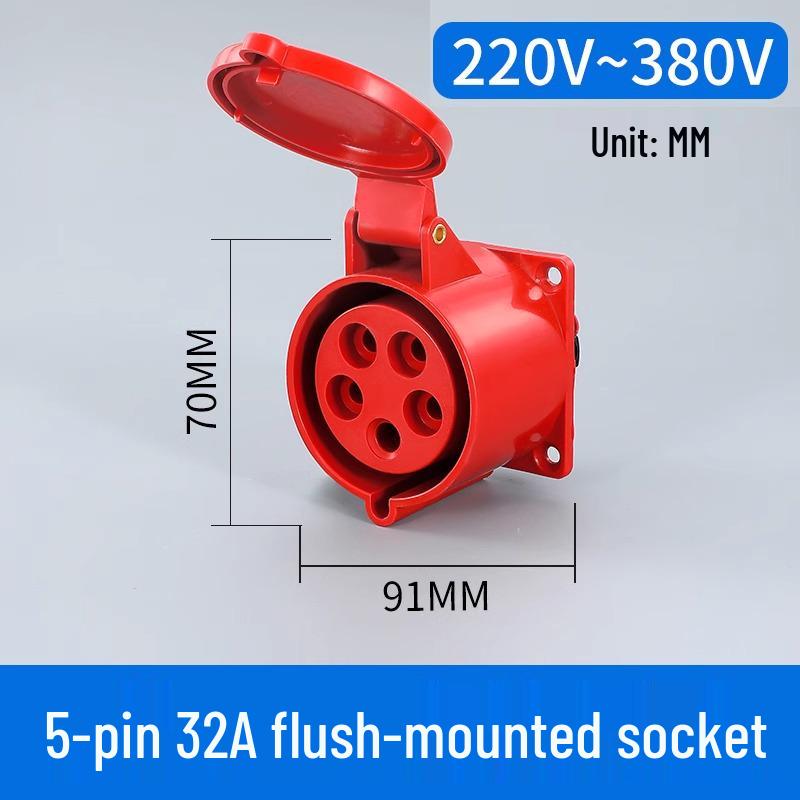 Waterproof 3-Pin 5-Hole Industrial Socket Connector (16A/32A) - Male-Female Mating, Non-Explosion-Proof.