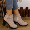 Short Thigh Boots Winter New Round Toe Side Zip Rivet Metal Buckle Platform Anti-Slip Wear-Resistant High Heels
