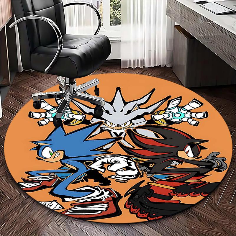 1 ks Kobercový kruhový koberec s designem postavičky Sonic the Hedgehog z anime kresleného filmu, Podložka pod kancelářskou židli, Protiskluzový koberec pro domácí dekoraci