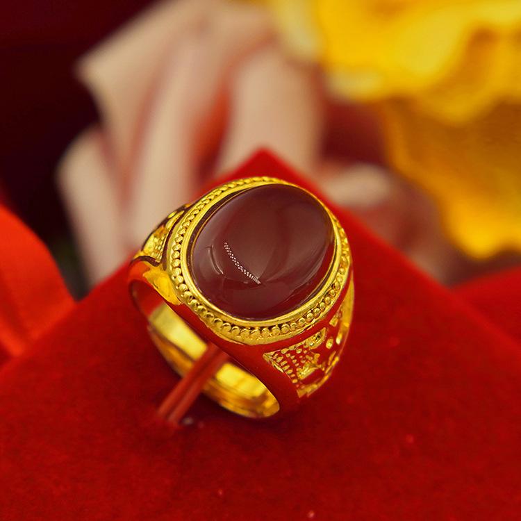 Men's Gold-Plated Brass Ring with Obsidian Sand and Agate