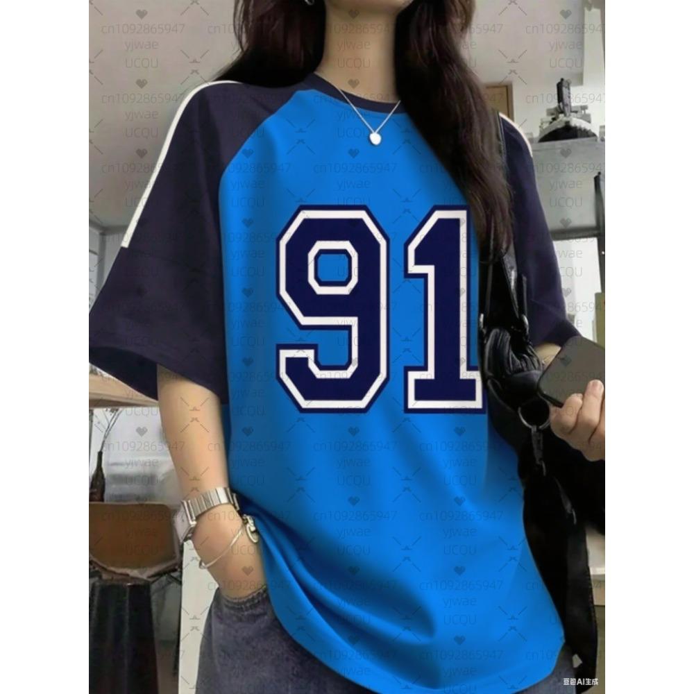 Letter and digital print women's T-shirt, girls' top, creative color-blocked round neck T-shirt, loose casual wear.