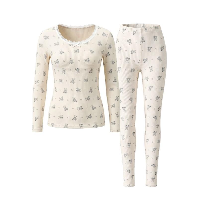 Womens 100% Cotton Floral Thermal Underwear Set - Anti-bacterial Warm Long Sleeve Top Pants Youth