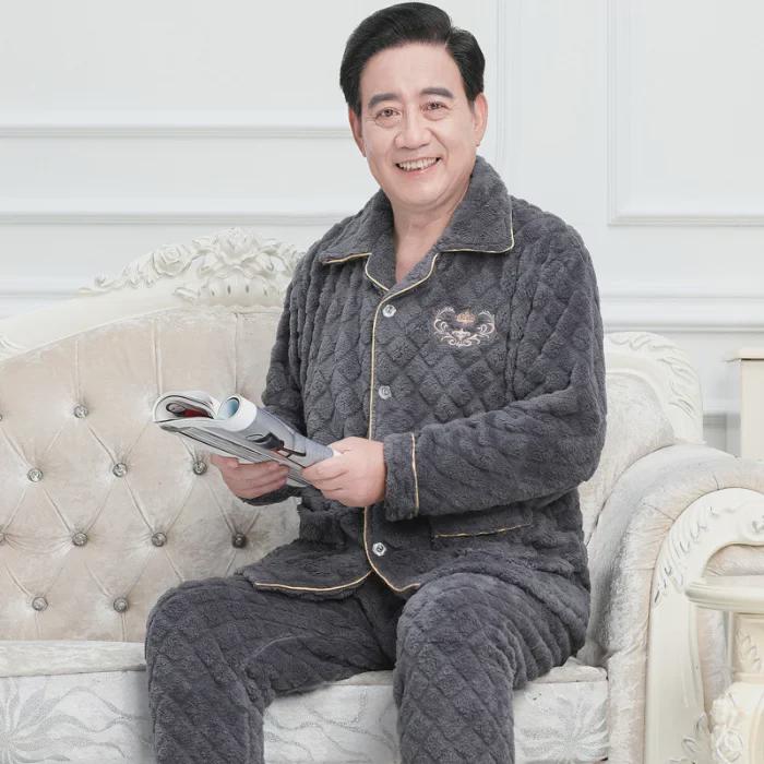 2024 Men's Autumn/Winter Plus Velvet Thickened Long Sleeve Warm Coral Fleece Flannel Pajama Set