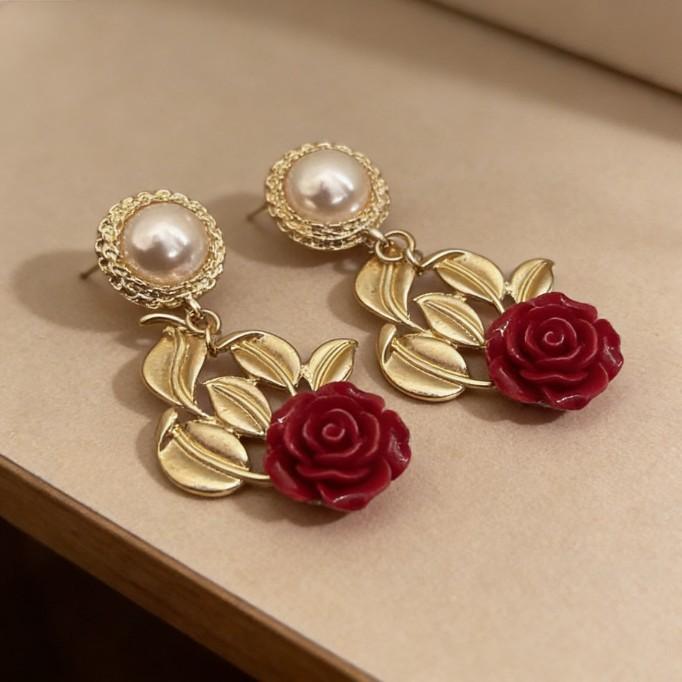 Baroque Pearl Leaf Rose Flower Earrings Temperament Stud Earrings Retro Earrings Premium Light Luxury Earrings Accessories